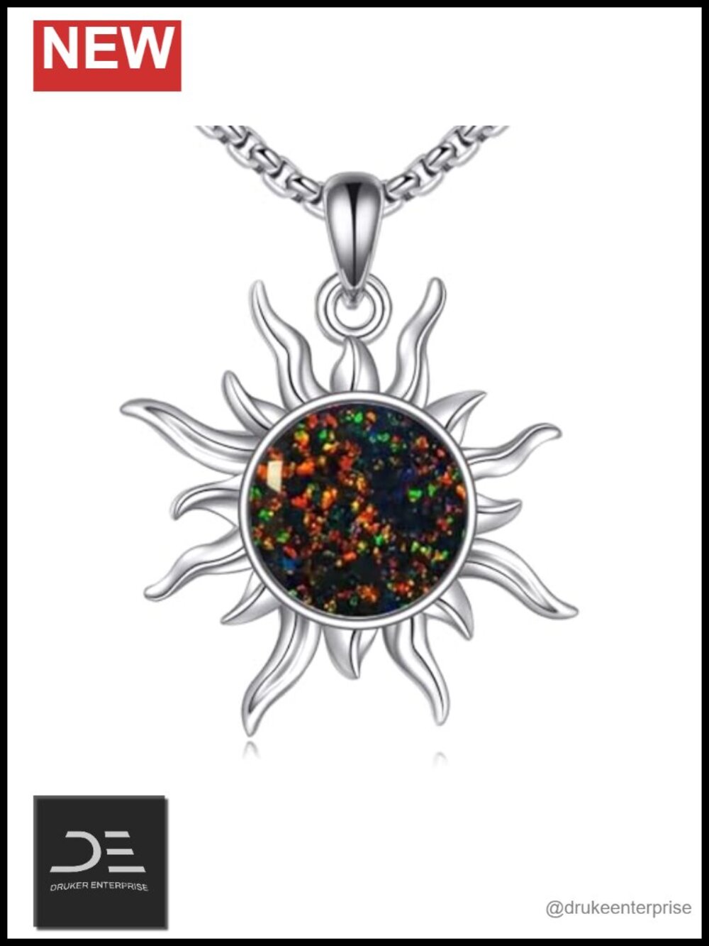 925 Sterling Silver Sun Pendant Necklace Black Opal 22in Cable Chain